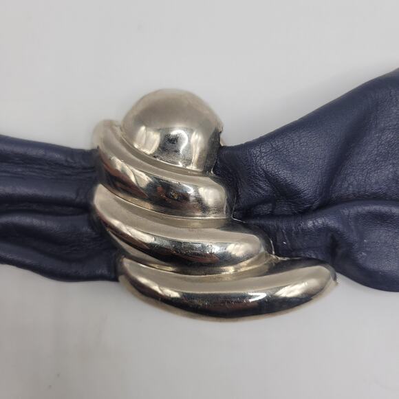 VTG Blue Leather Belt Small Wide Waist Sculptural Buckle Statement 80s Sash main image 8